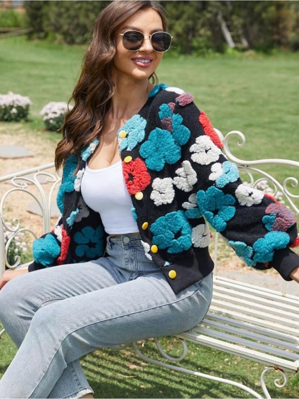 Black Floral Appliqué Button-Up Cardigan Sweater